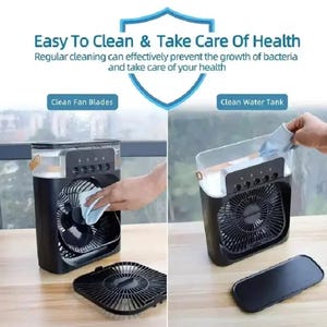 May include: Black and white air cooler with a transparent water tank. The image shows the cleaning process of the fan blades and water tank. Text on the image reads: "Easy To Clean & Take Care Of Health".