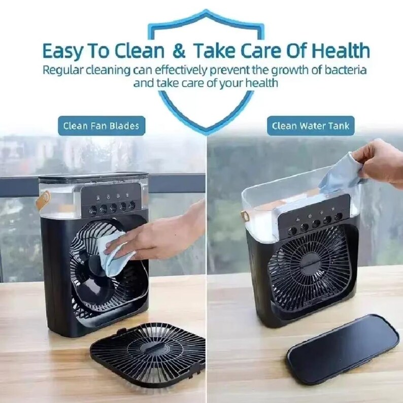 May include: Black and white air cooler with a transparent water tank. The image shows the cleaning process of the fan blades and water tank. Text on the image reads: "Easy To Clean & Take Care Of Health".