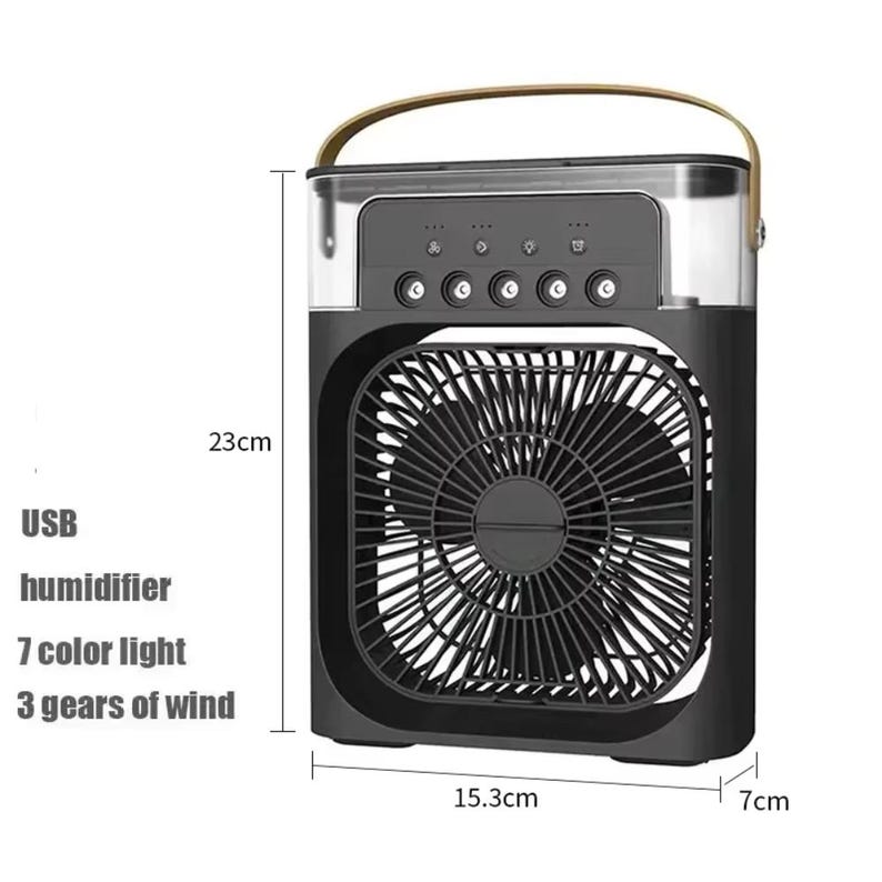 May include: Black and clear USB humidifier with a fan, 7 color light, and 3 gears of wind. The unit is 23cm tall, 15.3cm wide, and 7cm deep. It has a tan handle and control buttons on top.