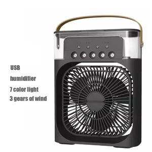 May include: Black and gray portable air cooler with a fan and control panel. Features a handle, and the text "USB, humidifier, 7 color light, 3 gears of wind". The fan has a protective grill.