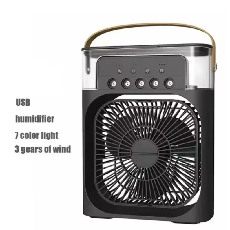 May include: Black and gray portable air cooler with a fan and control panel. Features a handle, and the text "USB, humidifier, 7 color light, 3 gears of wind". The fan has a protective grill.