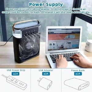 May include: Black and clear air cooler with a wooden handle, next to a laptop. The text "Power Supply" and instructions are visible. Below are illustrations of a USB power strip, adapter, and power bank, each labeled with "&ge;2A".
