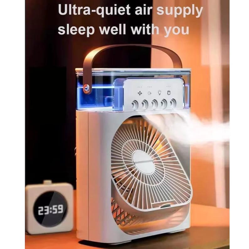 May include: White and gray portable air cooler with a brown handle. The device has a fan with a protective grill and control buttons. Text on the device reads "Ultra-quiet air supply sleep well with you." A small digital clock displays the time.