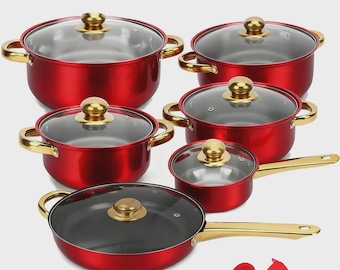 12-Piece Red Non-Stick Cookware Set: Induction Stainless Steel Pots & Pans