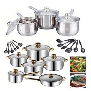 May include: A stainless steel cookware set with glass lids and gold-coloured handles. The set includes various pots, pans, and cooking utensils. The image also shows cooked vegetables and a fish dish.