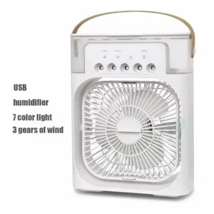 May include: White USB humidifier with a fan, a tan handle, and control buttons. The text on the side reads "USB humidifier 7 color light 3 gears of wind."