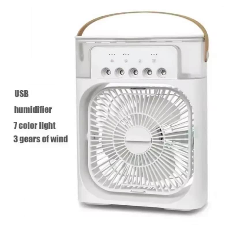 May include: White USB humidifier with a fan, a tan handle, and control buttons. The text on the side reads "USB humidifier 7 color light 3 gears of wind."