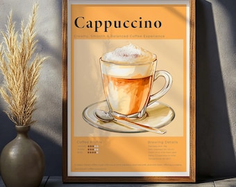 Illustratieposter cappuccinokoffie | Matte verticale poster, cafémuurkunst
