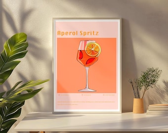 Lámina con la receta del cóctel Aperol Spritz / Decoración de pared para bar (Descarga digital)