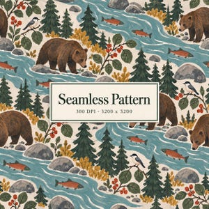 May include: A seamless pattern featuring brown bears, salmon swimming in a blue river, evergreen trees, grey rocks, and small birds on branches. A central white rectangular label displays the text Seamless Pattern 300 DPI - 3200 x 3200.