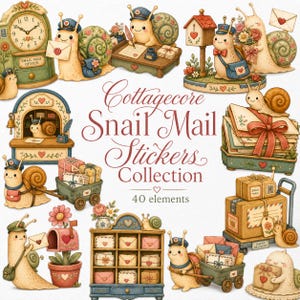 May include: A collection of 40 digital stickers featuring illustrated snails in postal-themed scenes with mailboxes, letters, packages, and clocks. The text reads Cottagecore Snail Mail Stickers Collection 40 elements. The art style is soft and detailed.