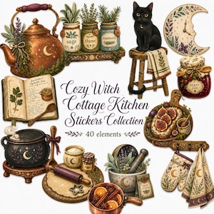 Cozy Witch Kitchen Clipart, Watercolor Witchcore Stickers, Magical Pantry Elements (Digital Download)