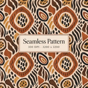 Pode incluir: Um padrão sem costuras com formas abstratas em tons de castanho, preto e creme. O design inclui formas de diamante com pontos internos, linhas onduladas e formas orgânicas sólidas. Uma caixa branca central contém o texto Seamless Pattern 300 DPI - 3200 x 3200.