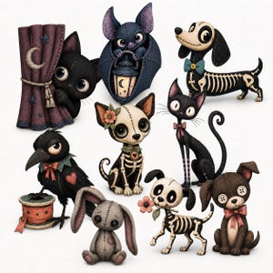 May include: A collection of eight stylized animal figurines featuring a black cat behind a purple curtain, a bat with a lantern, a skeleton dachshund, a crow on a spool, a skeleton chihuahua, a black cat, a grey rabbit, and two small dogs.