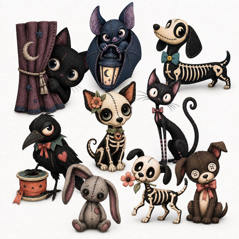 May include: A collection of eight stylized animal figurines featuring a black cat behind a purple curtain, a bat with a lantern, a skeleton dachshund, a crow on a spool, a skeleton chihuahua, a black cat, a grey rabbit, and two small dogs.