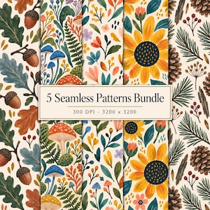 May include: A digital bundle of five seamless patterns featuring botanical illustrations of acorns, oak leaves, colourful mushrooms, sunflowers, pinecones, and evergreen needles. The central text reads 5 Seamless Patterns Bundle 300 DPI - 3200 x 3200.