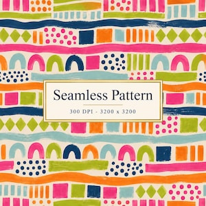 May include: A seamless pattern featuring hand-painted geometric shapes and wavy lines in vibrant shades of pink, orange, lime green, light blue, and dark blue on a cream background. A central white rectangular label displays the text Seamless Pattern 300 DPI - 3200 x 3200.