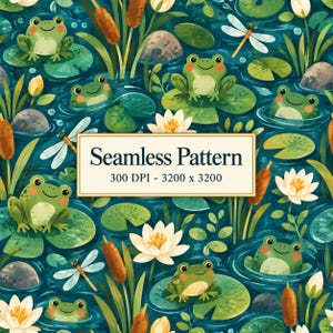 May include: A seamless pattern featuring green frogs, white water lilies, brown cattails, and dragonflies on a dark blue water background. A central rectangular label displays the text Seamless Pattern 300 DPI - 3200 x 3200.