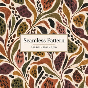 May include: A seamless pattern featuring abstract organic shapes and elongated leaves in shades of olive green, burnt orange, deep plum, and black on a cream background. A central white rectangular label displays the text Seamless Pattern 300 DPI - 3200 x 3200.