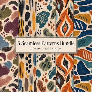 May include: A digital collection of five seamless patterns featuring abstract brushstrokes in shades of purple, blue, orange, yellow, and green on a cream background. A central white rectangular label displays the text 5 Seamless Patterns Bundle 300 DPI - 3200 x 3200.
