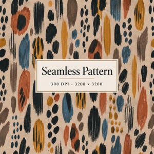 May include: A seamless pattern featuring abstract brushstrokes in black, mustard yellow, terracotta, and slate blue on a tan background. A central white rectangular label displays the text Seamless Pattern 300 DPI - 3200 x 3200.