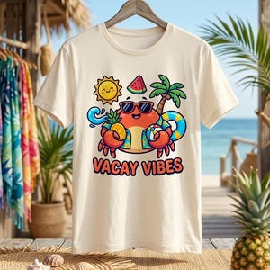 May include: Cream-colored t-shirt featuring a cartoon crab wearing sunglasses, surrounded by beach-themed graphics. The design includes a sun, watermelon, palm tree, and the words "VACAY VIBES" in orange and purple.