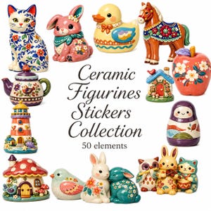 May include: A collection of 50 ceramic figurine stickers featuring a cat, rabbit, duck, horse, teapot, lighthouse, mushroom house, apple, nesting doll, bird, and musical animals. The text reads Ceramic Figurines Stickers Collection 50 elements.