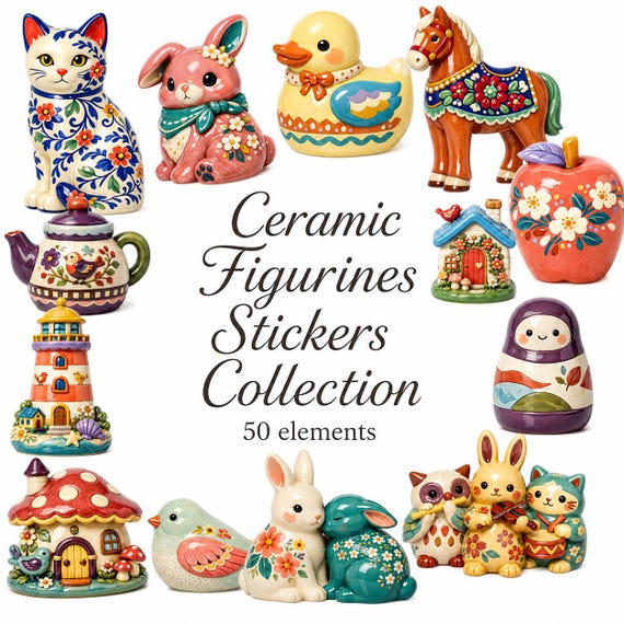 Ceramic Figurines PNG Bundle, Whimsical Folk Art Clipart, Cottagecore Graphics (Digital Download)