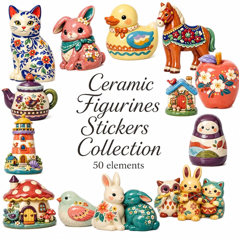 May include: A collection of 50 ceramic figurine stickers featuring a cat, rabbit, duck, horse, teapot, lighthouse, mushroom house, apple, nesting doll, bird, and musical animals. The text reads Ceramic Figurines Stickers Collection 50 elements.