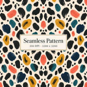 Könnte beinhalten: Ein nahtloses Muster mit abstrakten, handgemalten Pinselstrichen in Schwarz, Senfgelb, Petrol und Koralle auf cremefarbenem Hintergrund. Ein zentrales weißes rechteckiges Etikett enthält den Text Seamless Pattern 300 DPI - 3200 x 3200.