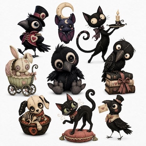 May include: A collection of illustrated characters including crows in top hats, a bat with a crescent moon, a black cat holding a candle, a rabbit in a vintage carriage, a skeleton dog in a basket, and a crow holding a letter, all with stitched details.