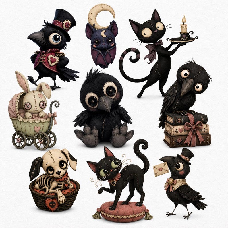 May include: A collection of illustrated characters including crows in top hats, a bat with a crescent moon, a black cat holding a candle, a rabbit in a vintage carriage, a skeleton dog in a basket, and a crow holding a letter, all with stitched details.