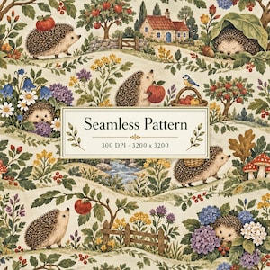 May include: A seamless pattern featuring hedgehogs, apple trees, flowers, and a cottage. The design includes hedgehogs with apples, a blue bird, and a basket. A central rectangular label displays the text Seamless Pattern 300 DPI - 3200 x 3200.