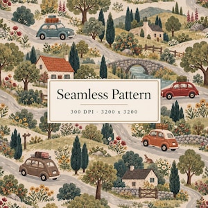 Peut inclure: Un motif répétitif représentant un paysage de campagne avec des routes sinueuses, des maisons en pierre, des cyprès et des voitures anciennes avec des bagages sur le toit. Le texte Seamless Pattern 300 DPI 3200 x 3200 est centré.