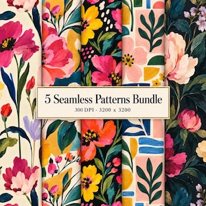 May include: A digital bundle of five seamless patterns featuring vibrant floral and abstract botanical designs in shades of pink, yellow, blue, and green. A central white label displays the text 5 Seamless Patterns Bundle 300 DPI - 3200 x 3200.