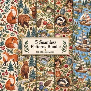 Op de afbeelding: Een digitaal pakket met vijf naadloze patronen met bosdieren zoals vossen, beren, egels, dassen en herten, naast boselementen, paddenstoelen, bessen en zeilboten, met de tekst 5 Seamless Patterns Bundle.