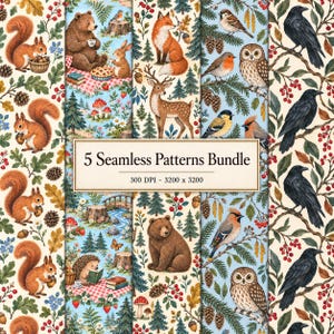 May include: A digital bundle of 5 seamless patterns featuring woodland animals including squirrels, bears, foxes, deer, owls, and crows, alongside forest flora like pinecones, berries, and trees. The central text reads 5 Seamless Patterns Bundle 300 DPI - 3200 x 3200.