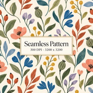 May include: A seamless pattern featuring watercolour-style botanical illustrations of flowers, leaves, and berries in shades of blue, orange, green, and purple on a cream background. The text reads Seamless Pattern 300 DPI - 3200 x 3200.