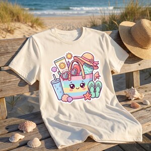 May include: Cream-colored t-shirt featuring a colorful beach bag graphic. The bag is filled with beach essentials like sunscreen, a hat, sunglasses, and flip-flops. The design includes seashells and a smiling sun.
