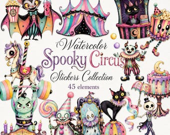May include: A digital collection of 45 watercolor stickers titled Watercolor Spooky Circus Stickers Collection. The set features illustrations of a bat, a circus tent, a ticket booth with a cat, a carousel horse, a weightlifter, a clown, a ghost in a mirror, a cat on a ball, and a skeleton, all in pink, blue, and black.