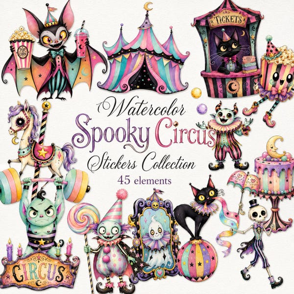 Watercolor Spooky Circus Clipart, Pastel Gothic Carnival Stickers, Halloween PNG Bundle (Digital Download)