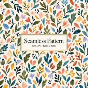Könnte beinhalten: Ein nahtloses Muster mit botanischen Aquarellillustrationen von Blättern, Beeren und Blumen in Blau-, Orange-, Gelb- und Grüntönen auf cremefarbenem Grund. Ein zentrales rechteckiges Feld enthält den Text Seamless Pattern 300 DPI - 3200 x 3200.