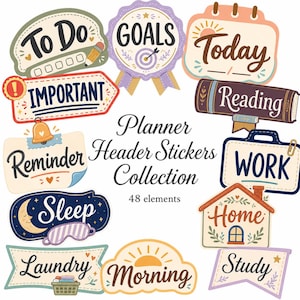 Puede incluir: Una colección de 48 pegatinas de encabezado para planificador con diversas formas y diseños con texto que incluye To Do, Goals, Today, Important, Reading, Reminder, Work, Sleep, Home, Laundry, Morning y Study, en un estilo ilustrado colorido.