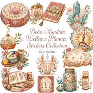 May include: A collection of 45 stickers featuring Boho Mandala Wellness Planner designs, including a lotus cushion, mug, journal, crystals, yoga figure, cloud, hands, moon phases, candle, and essential oil bottle with floral and mandala patterns.