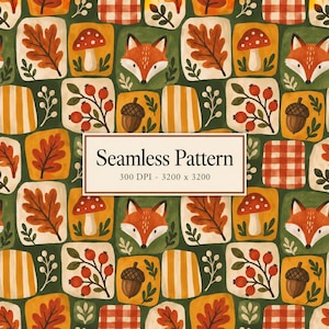 May include: A seamless pattern featuring a repeating grid of forest-themed illustrations including orange foxes, red mushrooms, brown acorns, red berries, oak leaves, and checkered squares on a dark green background with the text Seamless Pattern 300 DPI - 3200 x 3200.