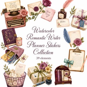 May include: A collection of 39 watercolor illustrations featuring a vintage typewriter, ink bottles, quill pens, stacks of letters tied with ribbons, a journal titled Night Thoughts, a candle, a clipboard, and a basket filled with paper scraps.