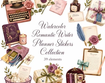 May include: A collection of 39 watercolor illustrations featuring a vintage typewriter, ink bottles, quill pens, stacks of letters tied with ribbons, a journal titled Night Thoughts, a candle, a clipboard, and a basket filled with paper scraps.