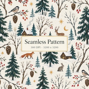 Può includere: Un motivo senza cuciture che raffigura una scena di bosco invernale con pini, baite innevate, un cervo, una volpe, un coniglio, uccelli, pigne e bacche rosse su sfondo crema. Il testo recita Seamless Pattern 300 DPI - 3200 x 3200.