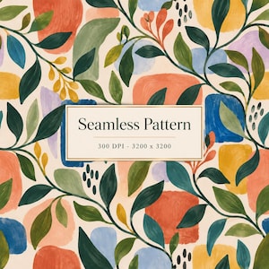Peut inclure: Un motif sans couture composé de branches feuillues vert foncé entrelacées avec des formes abstraites dans des tons orange, jaune, bleu et violet clair sur un fond crème. Une étiquette rectangulaire blanche centrale affiche le texte Seamless Pattern 300 DPI - 3200 x 3200.
