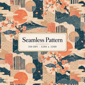 May include: A seamless pattern featuring a collage of dark blue and orange elements, including cherry blossom branches, stylized mountains, circular suns, and geometric shapes. The text reads Seamless Pattern 300 DPI - 3200 x 3200.